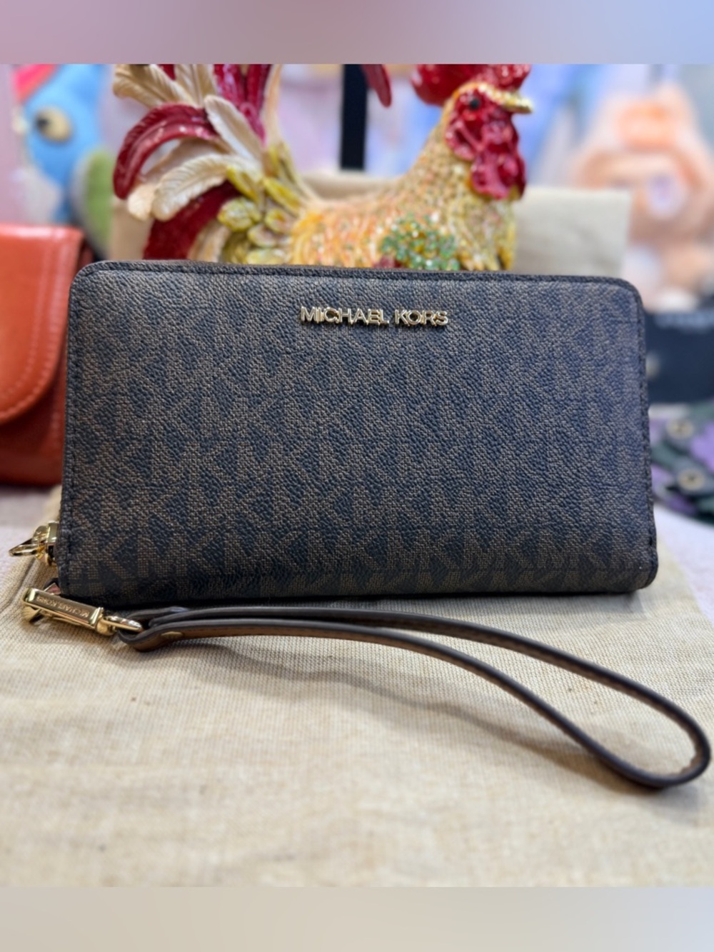 Michael Kors Dark Brown MK Logo Zip Wristlet with Gold Hardware